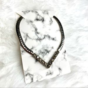 vintage faux diamond V necklace with silver chain 15.5”